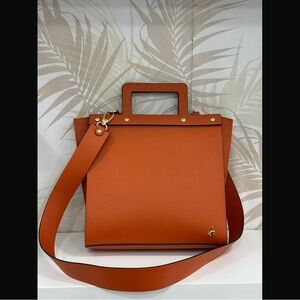 Structured Orange Leather Tote Bag with Detachable Strap